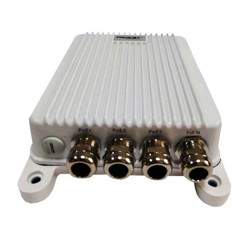 Procet PT-POS401GR-OT 屋外対応のPoE スイッチです,IEEE802.3at 準拠 30W（PoE+) ,30W (ポートあたり)出力, AC/LAN/PoEポートで6KV（10