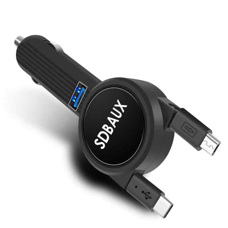 SDBAUXシガーソケットカーチャージャー タイプC/マイクロUSB巻き取りケーブル70cm USB1ポート急速充電 oppo/Galaxy/Sony/Android/type-c