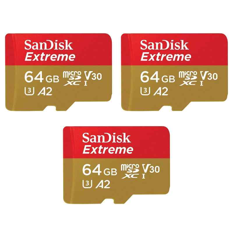 SanDisk 64GB Extreme microSDXC UHS-I Memory Card (3-Pack) with Adapter - C10, U3, V30, 4K, A2, Micro SD - SDSQXA2-064G-GN6MA