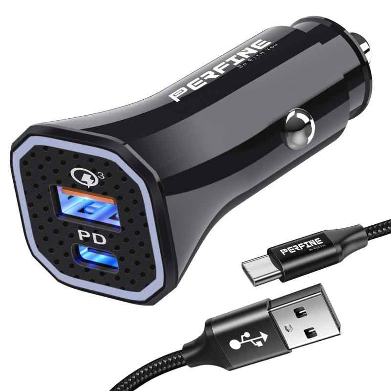 Perfine USBカーチャー, QC3.0タイプC急速充電 車のシガージャック充電器 36W USB-Cケーブル付