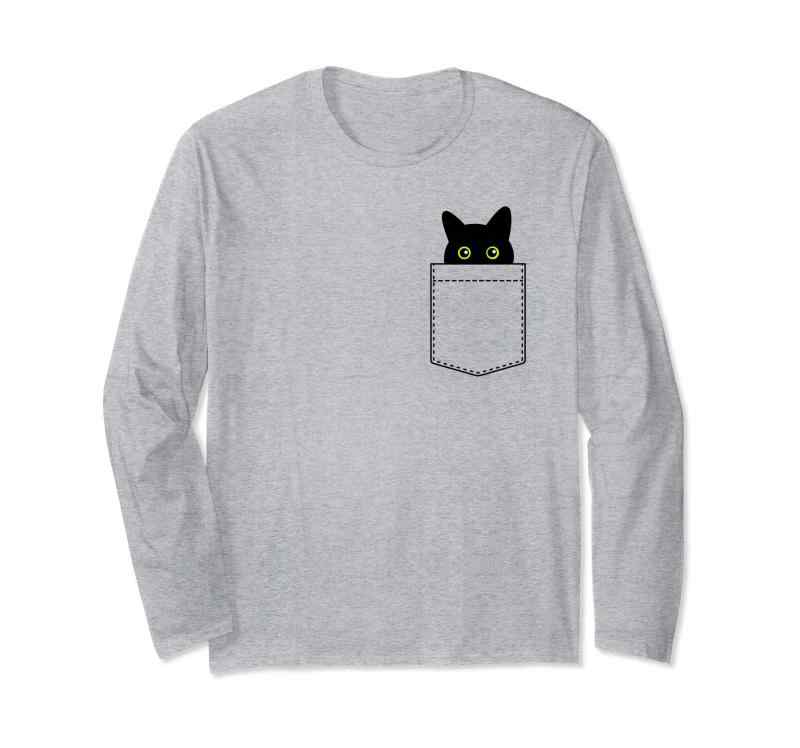 【ポケットから覗くネコ】黒猫 にゃんこ 猫好き 猫 可愛い ネコ 子猫 ネコ好き 面白い 変な 遊び心 ネタ ウケ狙い 長袖Tシャツ