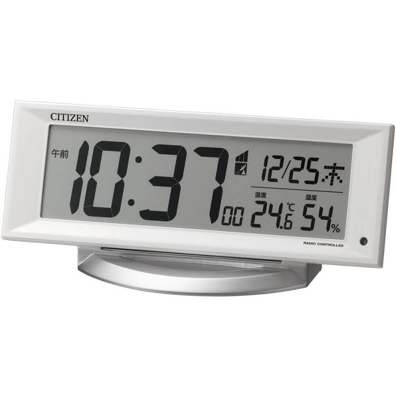 リズム(RHYTHM) シチズン 置き時計 目覚まし時計 電波時計 デジタル ライト 温度 湿度 カレンダー 白 8.8x20.9x6.5cm 8RZ202-003