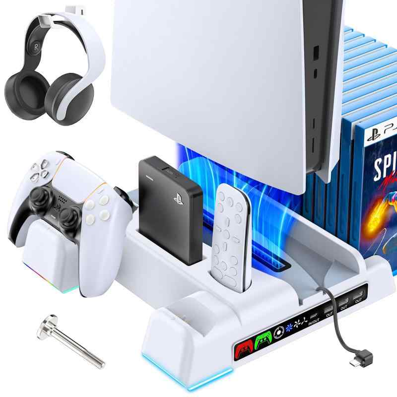 PS5 縦置き 冷却 スタンド 3段階ファン速度調整 OIVO PS5コントローラー充電 2台同時充電 PS5冷却ファン LED充電指示ランプ RGB呼吸ライ