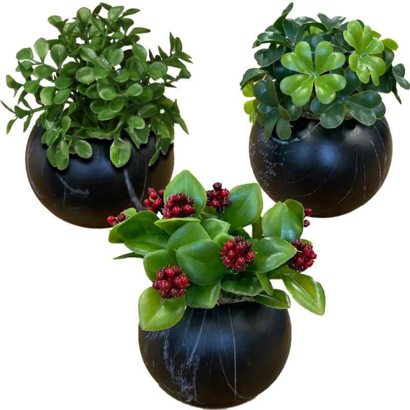 ケーアイジャパン インテリアグリーン 造花 観葉植物 光触媒 かわいい 3個セット 人気 グリーン セット マーブルブラック