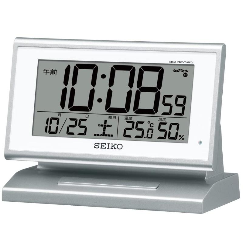 セイコー クロック 目覚まし 自動点灯 電波 デジタル カレンダー 温度 湿度 表示 夜でも見える 銀色 メタリック SQ768S