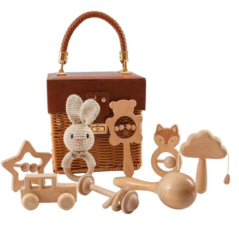 Wooden Teether ガラガラ ラトル おもちゃ 木製 ひも通しおもちゃ 手押し車 ベビーおもちゃセット 木のおもちゃ 無塗装 8個セット 知育玩