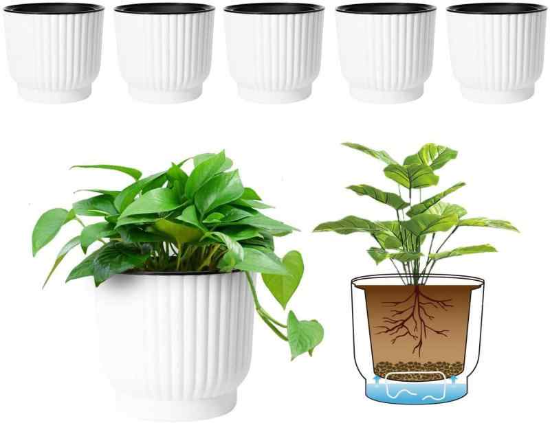 T4U プラスチック製 自己給水 プランター 植木鉢 ポット現代風装飾 家庭植物/多肉/花植物/ハーブ/サボテン 適用 ホワイト ６点セット (La
