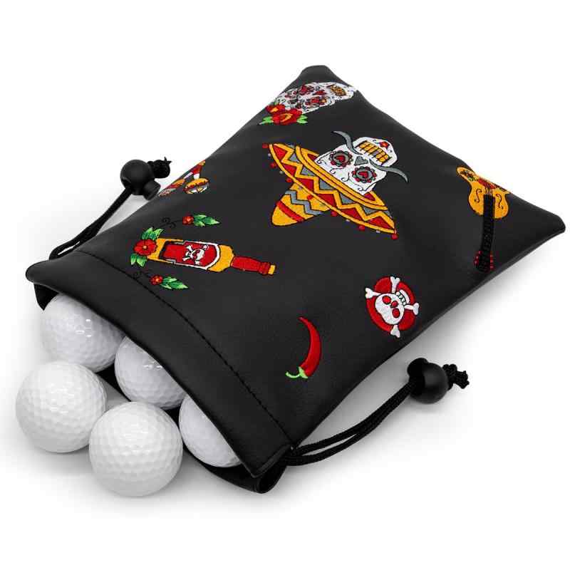 ゴルフポーチ ゴルフボール テニスボール収納用 可愛いBirdieバーディ/ラッキークローバー刺繍 高級PUレザー製 ゴルフボールバッグ ゴル