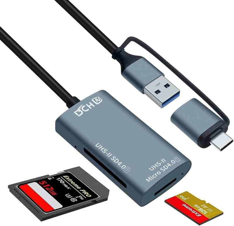 DCHAV UHS-II SD カードリーダー USB-CとUSB-A両対応 SD4.0 & Micro SD4.0 デュアルカード同時読み込み 高速転送 V90 V60 サポート uhs2