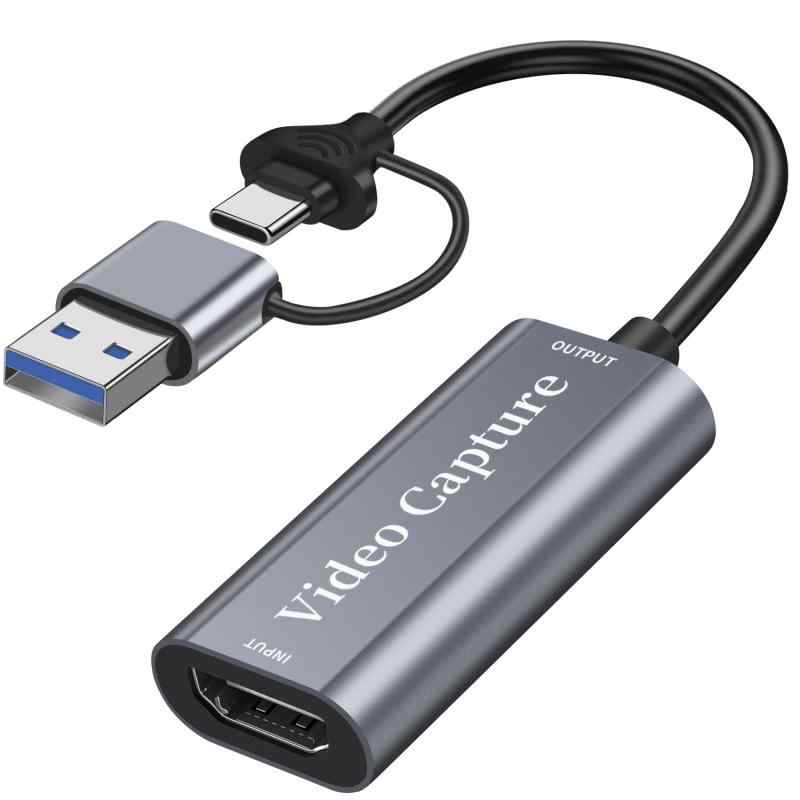 HDMI キャプチャーボード Switch対応 USB3.0 & Type C (2-in-1) HD 1080P 30FPS ビデオキャプチャー (HDMIメス-USB+タイプルC, グレー)