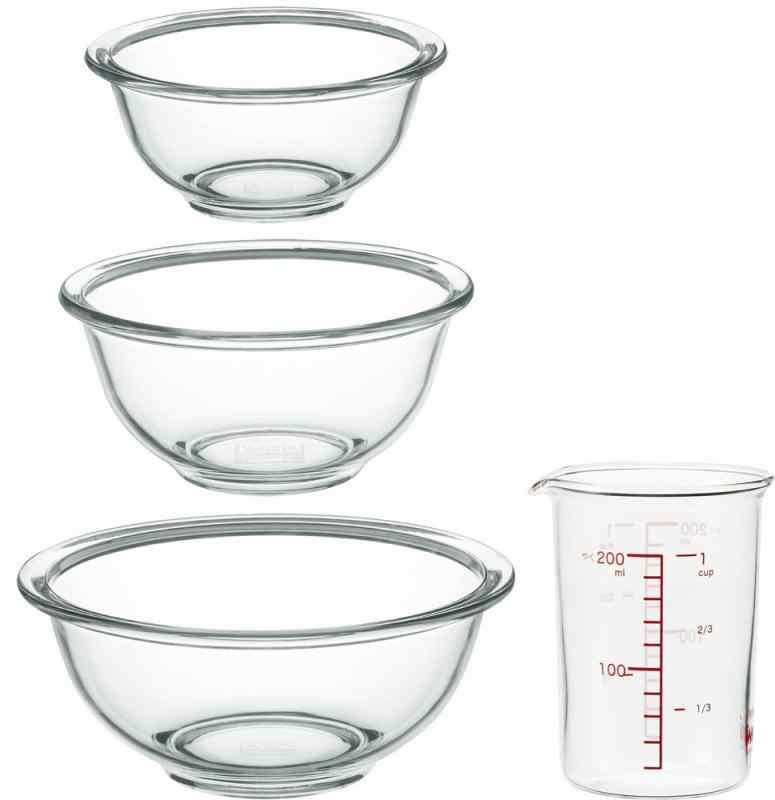 iwaki(イワキ) AGCテクノグラス 耐熱ガラス ボウル 丸型 3点セット メジャーカップ付き 電子レンジ/オーブン/食洗器対応 食材を混ぜやす