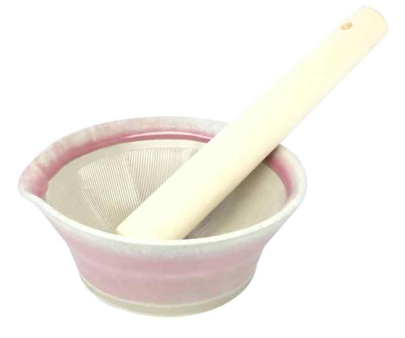 元重製陶所 石見焼 離乳食にも使える カラー すり鉢 すりばち (すりこぎセット) 桜色 テーブルを傷つけない シリコン 底 直径約13.5cm す