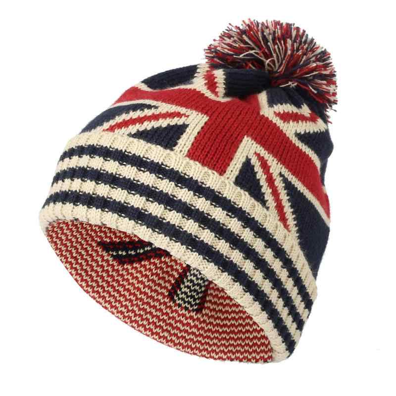 [ウィズムーンズ] 帽子 ポンポン付暖かい冬用ニット帽 アメリカ/カナダ/イギリス国旗 JZP0027 (ホワイト)