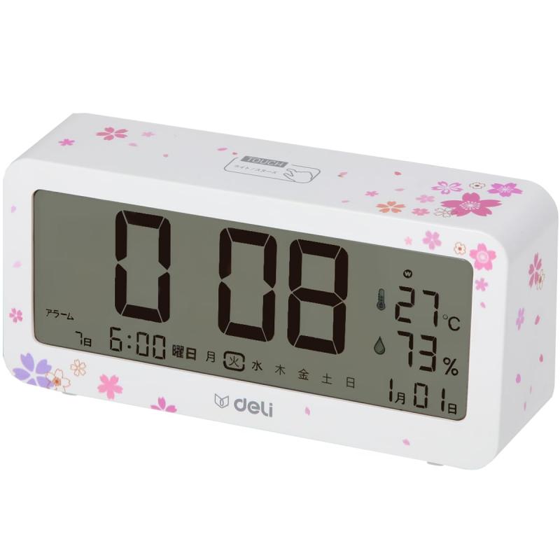 Deli 電波目覚まし時計 電波受信 明るいLCDバックライト 温度計・湿度計付き 3セットの目覚まし時間設定 置き時計 電波時計 単3電池×2本