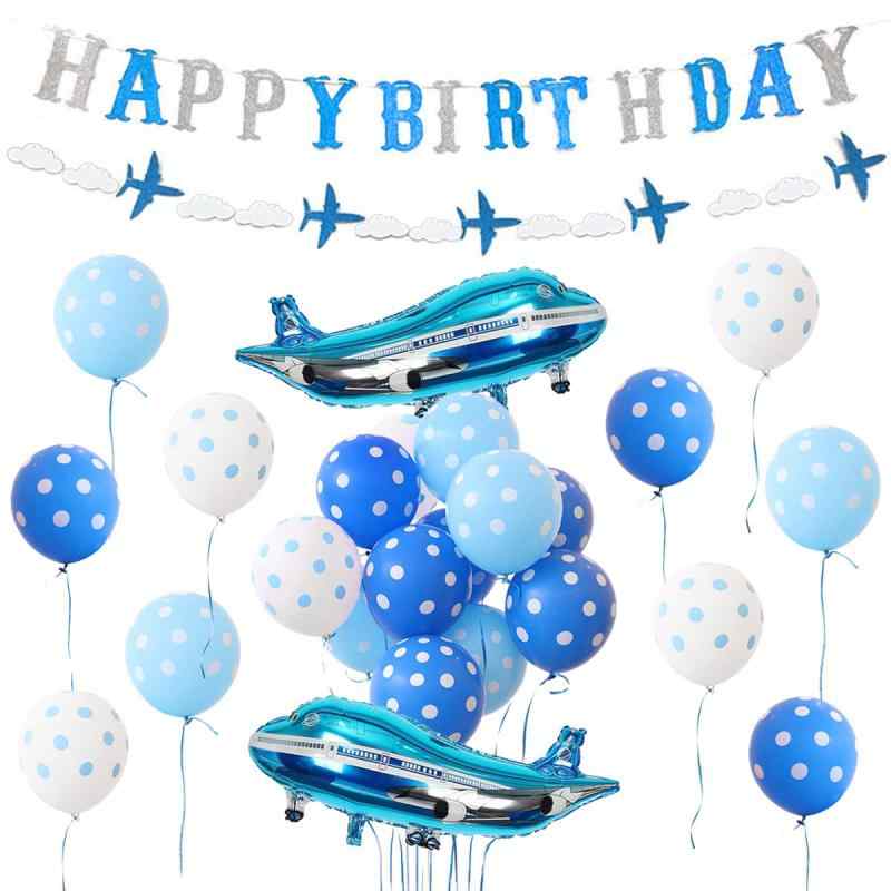 飛行機 風船 バルーン 誕生日 飾り付け 男の子 ヘリコプター ブルー happy birthday バナー ガーランド ホワイト 33枚セット