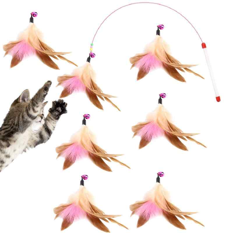 猫おもちゃ 羽のおもちゃ 猫じゃらし 90cm 弾性 天然鳥の羽棒鈴付き 交換用羽6個 鈴付き猫用玩具 ストレス解消 運動不足解消 猫用品 ペッ