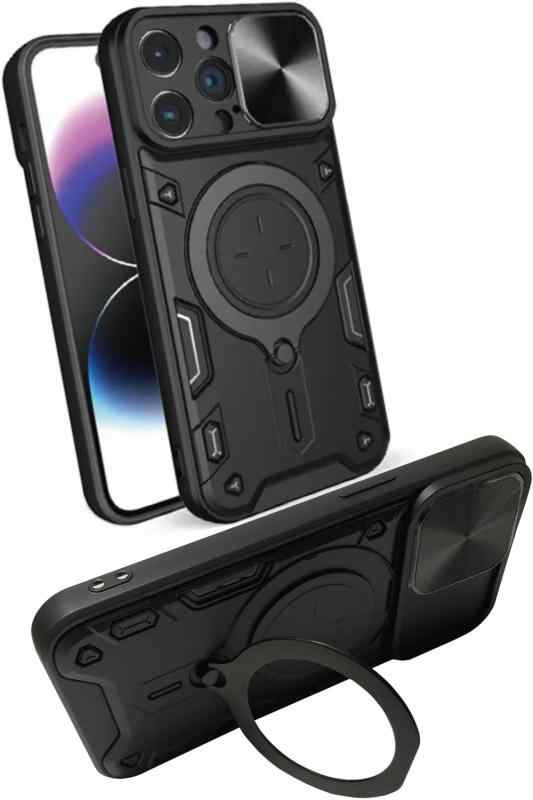 iPhone ケース カメラ保護付き スライド カバー ワイヤレス充電対応 耐衝撃 リング スタンド スマホケース (ブラック, iPhone 14 Pro)