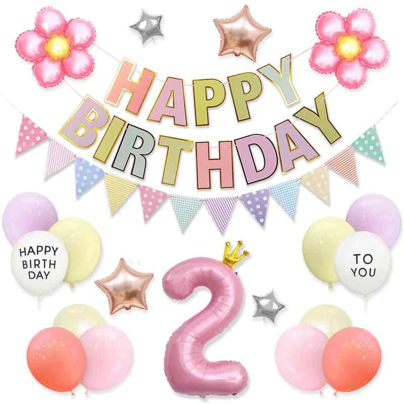 Ealimun 誕生日 飾り付け 女の子 1歳 バルーン 数字バルーン ピンク フラワーバルーン 風船 HAPPY BIRTHDAY ガーランド (ピンク 2歳)